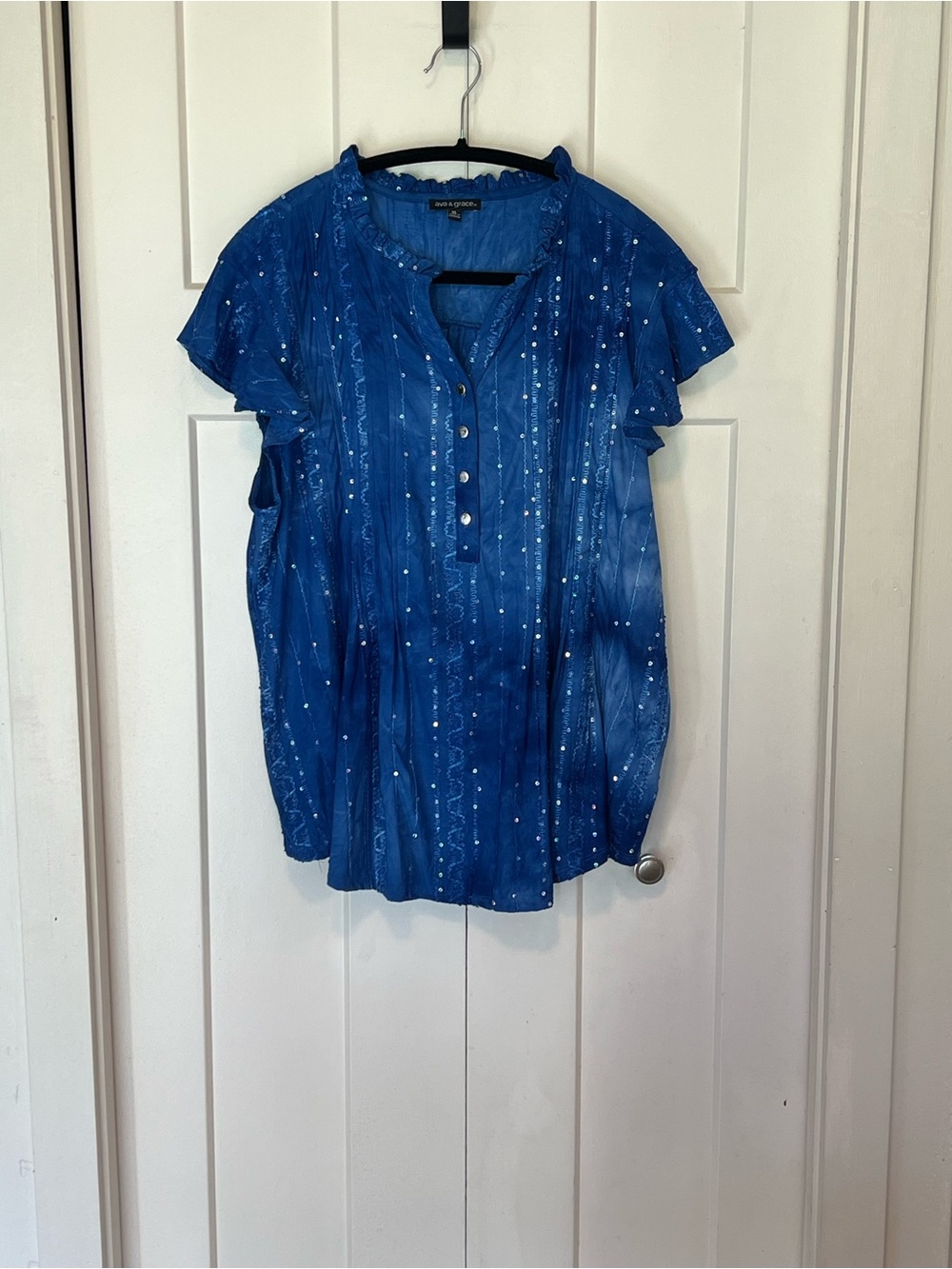 Ava & Grace Blue Embroidered Sequin Pullover Blouse Sz XL EUC